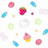 Pixelated image with white background featuring colorful shapes including a strawberry, cupcake, and gem-like forms; black sections display pink text reading 'so meh', 'love', and 'so lil time'.