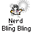 Pixelated character in white hoodie with yellow accents and red/blue details, holding glowing objects under 'Nerd Blink Blink' text on gray background.