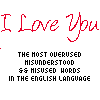 Red 'I Love You' text repeated across with black text below each , featuring small red symbols changing in sequence