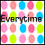 A 2x2 contact sheet of four animated frames featuring a polka-dot background with pink, blue, and yellow circles and changing text or symbols in the center.