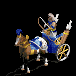 Animated sequence of a warrior in blue-and-white armor riding a two-horse chariot, holding a bow and arrow with horse-drawn wheels turning.