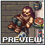 Pixel art of a bearded man with long hair sitting at a tavern table, holding food and drink against a brick wall background.
