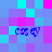 Pixelated of cyan, purple, and magenta squares with four identical blue text symbols scattered across the composition