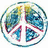 Circular icon with peace symbol design, featuring blue, green, yellow, and red color scheme with pixelated texture.
