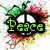 five animated buddy icons with a central peace symbol, each displaying different text or symbols over the icon