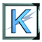 Animated sequence of blue 'K' letter icons with varying shades and a diagonal gray line, each in a square frame.