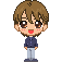 Pixel art character with brown hair, blue jacket, light gray pants in multiple poses including closed eyes and pointing gestures.
