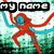 Animated pixel art of a red figure with blue head and multiple limbs dancing against greenish background, text changes from 'my name' to 'is' then 'CHAOS!!!'