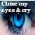 Pixelated image with text 'Close my eyes & cry' above a blue teardrop-shaped object on a gradient background.