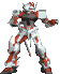Four pixelated mecha figures in red and white armor pose against a gray background, each with distinct arm and leg positions.