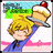 Pixelated character with blonde hair in a blue outfit holding a layered cake with a cherry on top against a green and blue background.