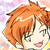 Pixelated anime-style character with orange hair, closed eyes, and a smiling mouth against a pastel background.