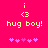 Pixelated icon with bright pink background, yellow text and symbols including 'i <3 hug boy!', two small yellow dots above the heart symbol, and a of five purple asterisks at the bottom