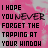 A static image with repeated text on a pink and gray background, featuring black pixelated lettering.
