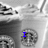 A grayscale image of a Starbucks drink with blue text changing from 'I' to 'LOVE' and then adding 'STARBUCKS' at the bottom.