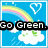 Pixelated blue background with rainbow, heart outline, clouds; text changes from 'Go Green.' to 'Save the World.'