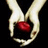 Two pale hands hold a red apple against black background with pixelated red text.