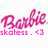 Pink cursive 'Barbie' text with pixelated 'skateless . <3' below on white background, partially cropped at right.
