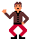 Pixelated character in brown jacket and red pants performing a sequence of dance poses against gray background.
