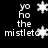 Black background with white pixelated text 'yo ho the mistletoe' and star-shaped snowflakes in a pattern