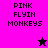 Pixelated text "PINK FLYIN MONKEYS" appears on pink and purple backgrounds with a black star icon transitioning to a pink star icon.