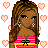 Pixel art icon of a woman with long brown hair wearing a pink and yellow striped bikini top, surrounded by light orange hearts on a white background.