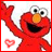 Red cartoon character with large eyes and orange nose waves left hand, smiling widely next to red heart symbol on white background.