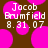 Brown background with pink circular shapes and white text reading 'Jacob Brumfield 8.31.07' in pixelated font.