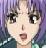 Anime-style character with purple hair and wide eyes, mouth slightly open in a surprised expression, wearing a dark green top against a purple gradient background.