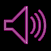 Two pink neon speaker icons with sound waves on a black background, one static and one blurred.