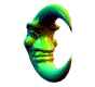 Animated crescent moon-shaped face with shifting color gradients and changing facial expressions