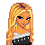 Pixel art of a blonde woman with blue eyes wearing a black and white top, dark jeans, and orange shoes; text 'Taken' appears below.