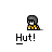 A 5x5 contact sheet of a pixel art animation featuring a small character in yellow clothing with gray hair, performing various poses above the text "Hut!" on a gray background.