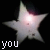Animated star-shaped icon with glowing center and pixelated text reading 'you are my shining star' on black background.