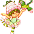 Pixelated cartoon character in mid-jump pose with green hair, pink accents, and a light green dress against white background.