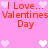 Pixelated pink background with red text reading "I Love... Valentines Day" and multiple white heart icons