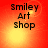 Red and yellow gradient background with black text reading "smiley Art shop" in four quadrants, each showing a different light effect.