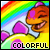 A cartoon dinosaur with orange skin and purple spots smiles against a rainbow background, wearing yellow clothing with pink accents.