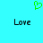 A static image with a cyan background features a green pixelated heart symbol above two instances of the word 'Love' in blue and black pixelated text.