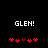 Pixelated text 'GLEN!' above red heart symbols on black background, with heart positions shifting between frames.