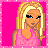 Pixel art contact sheet showing five frames of an animated icon featuring a blonde cartoon girl in pink, with text and body parts changing across frames on a bright pink background.