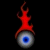Red flame-like shape atop a circular eye with blue center on black background, green text 'Original Icons .com' on right side.