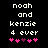 Pixelated text 'noah and kenzie 4 ever' above five pink heart icons on black background, with one heart changing color between frames.