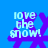 Blue background with four purple snowflake shapes, each containing white text reading 'love the snow!' in pixelated font.