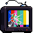 Pixelated retro television with antenna showing test pattern and static interference on screen.