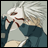 Pixelated anime-style character with white hair and red eyes, wearing a dark blue outfit with a light gray chest , positioned against a light gray background