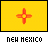A 48x48 pixel animated contact sheet showing three frames of a New Mexico-themed buddy icon with yellow background and red Zia sun symbol, displayed in black, red, and yellow text variants.