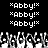 *Abby!* text repeated in white pixelated font on black background with grayscale abstract shapes below.