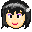 Pixel art of a character with black hair and purple eyeshadow, showing two expressions: open eyes on the left and one eye closed in a wink on the right.