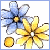 Two animated frames of a pixelated flower icon showing yellow and blue flowers with golden circular accents moving between positions.